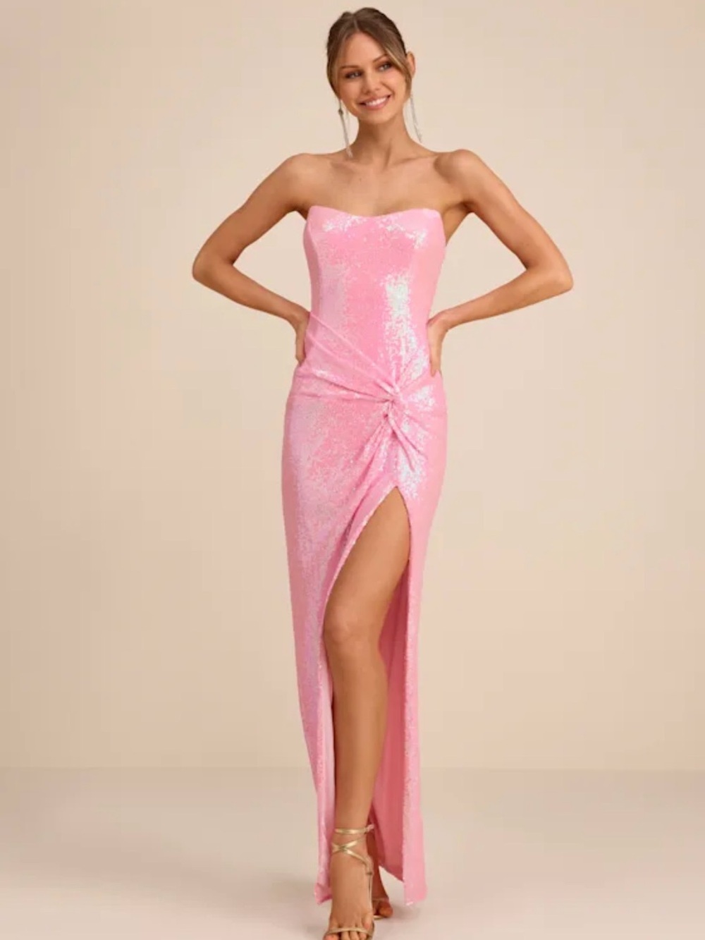 Lulu's Strapless Pink Sequin Knot-Side Gown